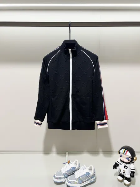 Gucci GG Monogram Track Jacket Navy Blue with Red Stripe Outerwear - 14