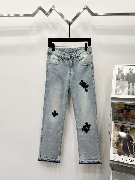 Chrome Hearts Cross Patch Distressed Light Wash Jeans - 1