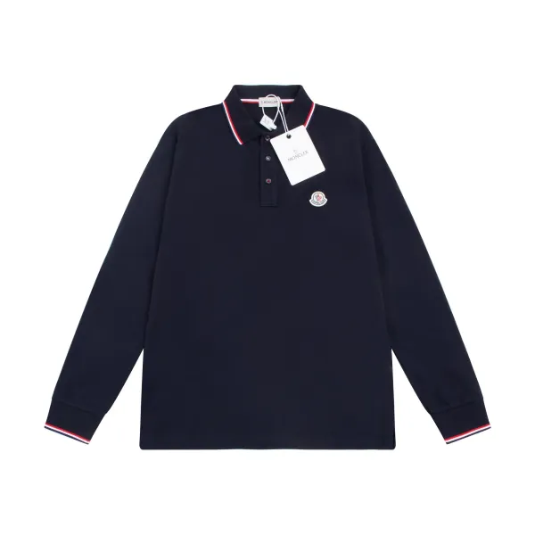 Moncler Long Sleeve Polo Navy with Red-White Trim Polo Shirt - 1