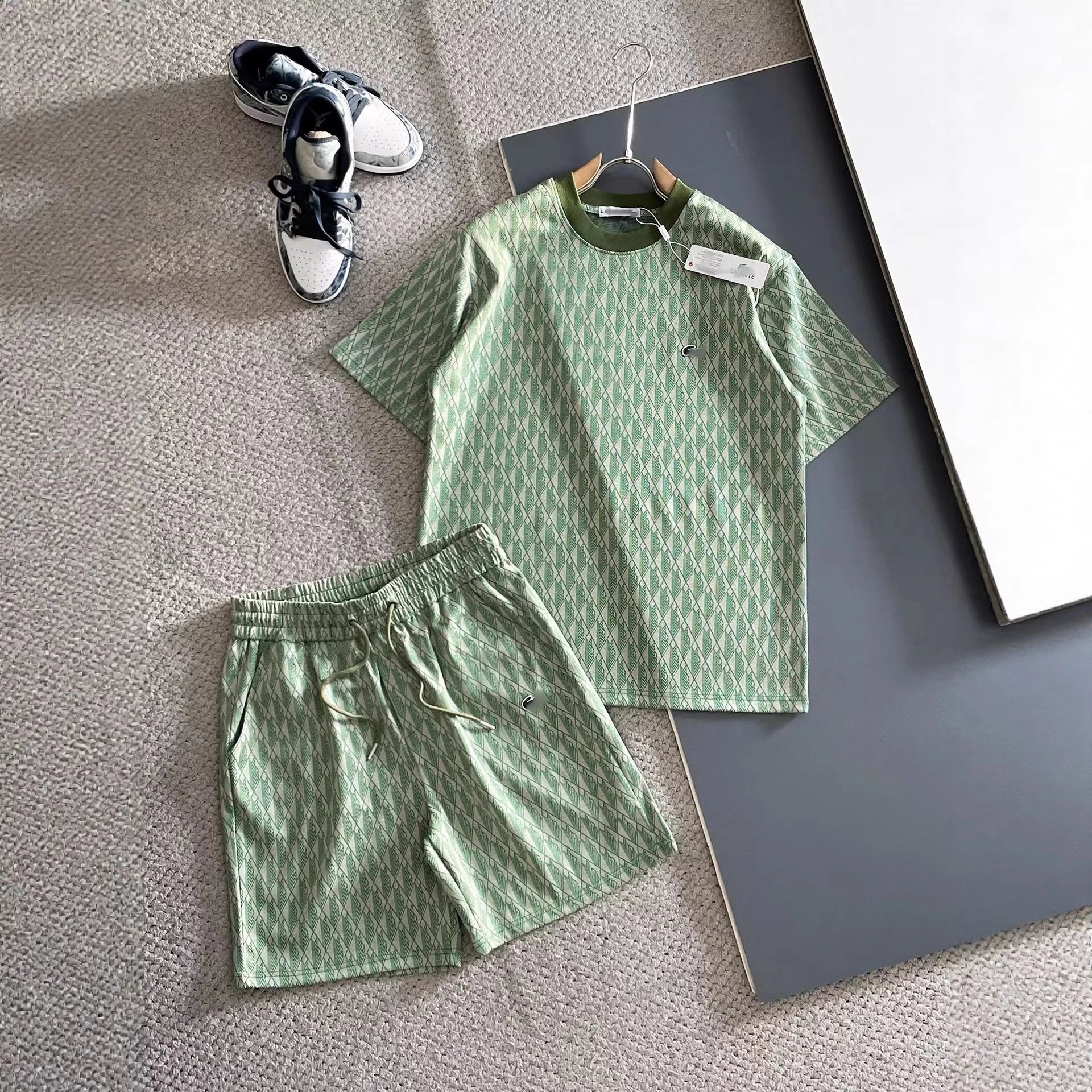 Lacoste Monogram Print Gray T-Shirt and Shorts Set - 13