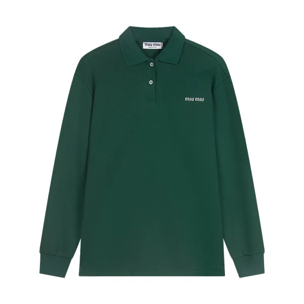 Miu Miu Logo-Embroidered Long-Sleeve Polo in Forest Green Polo Shirt - 1