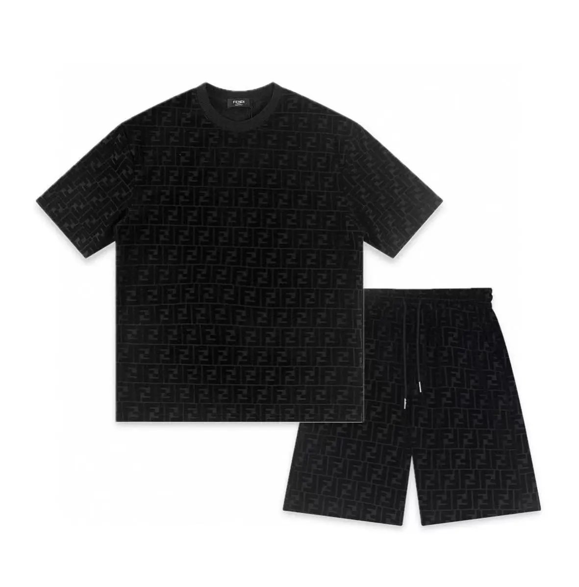 Unbranded Matching Sets Short-Sleeve T-Shirt and Drawstring Shorts Set with Tonal Geometric Pattern — 19
