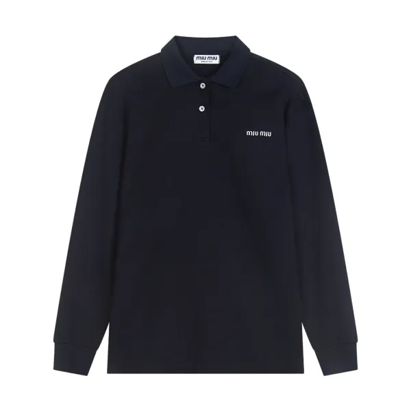 Miu Miu Logo-Embroidered Navy Long-Sleeve Polo Tops Polo - 1