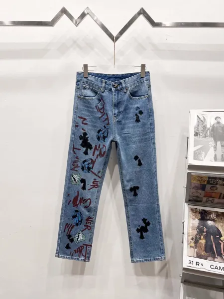 Chrome Hearts x Custom Distressed Graffiti Print Straight-Leg Jeans Blue - 1