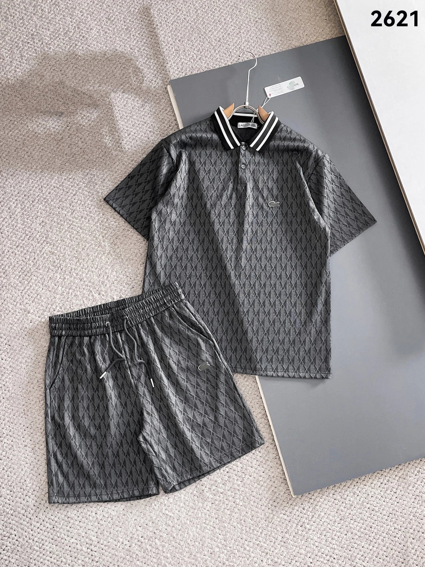 Lacoste Monogram Print Gray T-Shirt and Shorts Set - 17