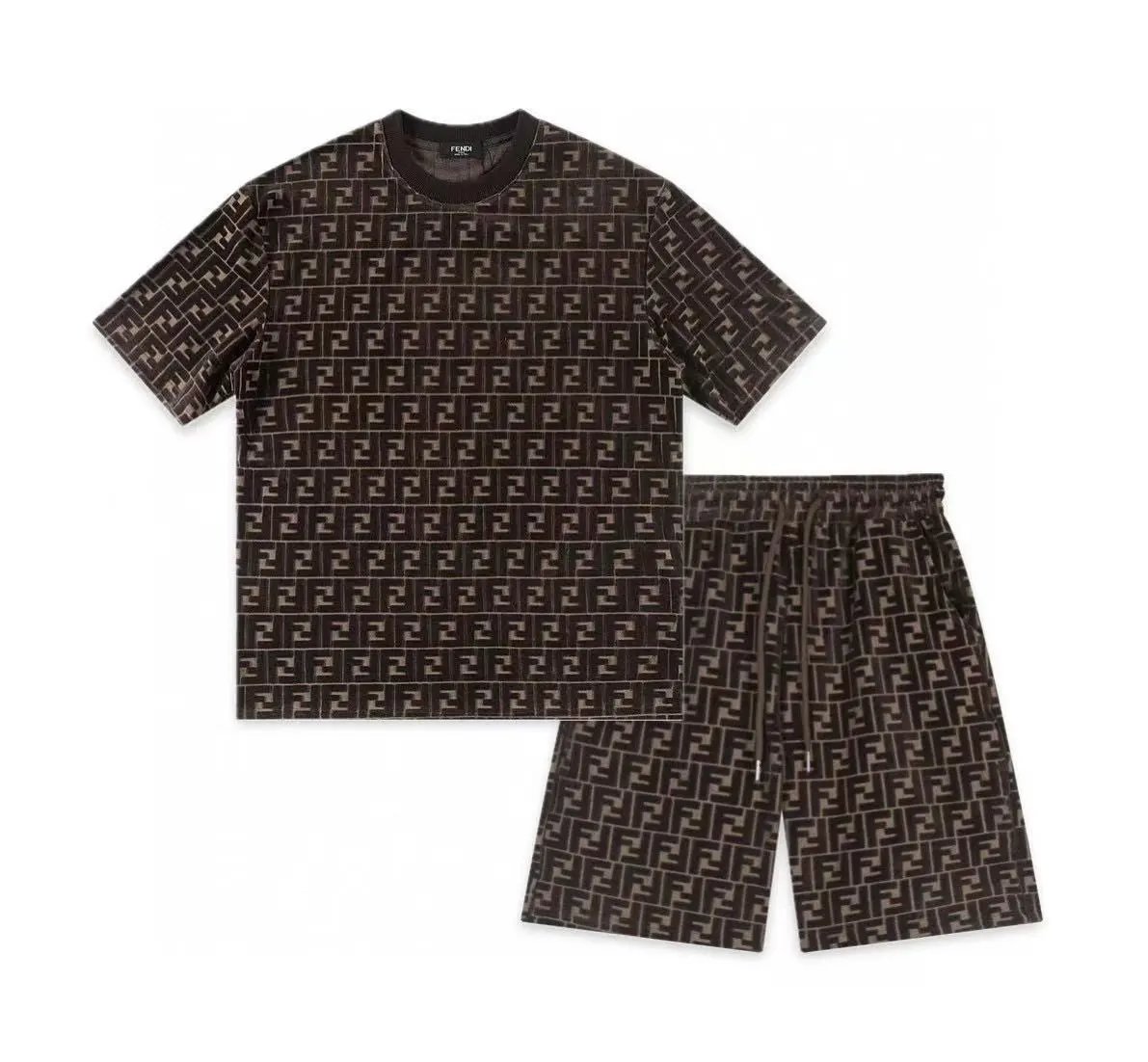 Unbranded Matching Sets Short-Sleeve T-Shirt and Drawstring Shorts Set with Tonal Geometric Pattern — 17