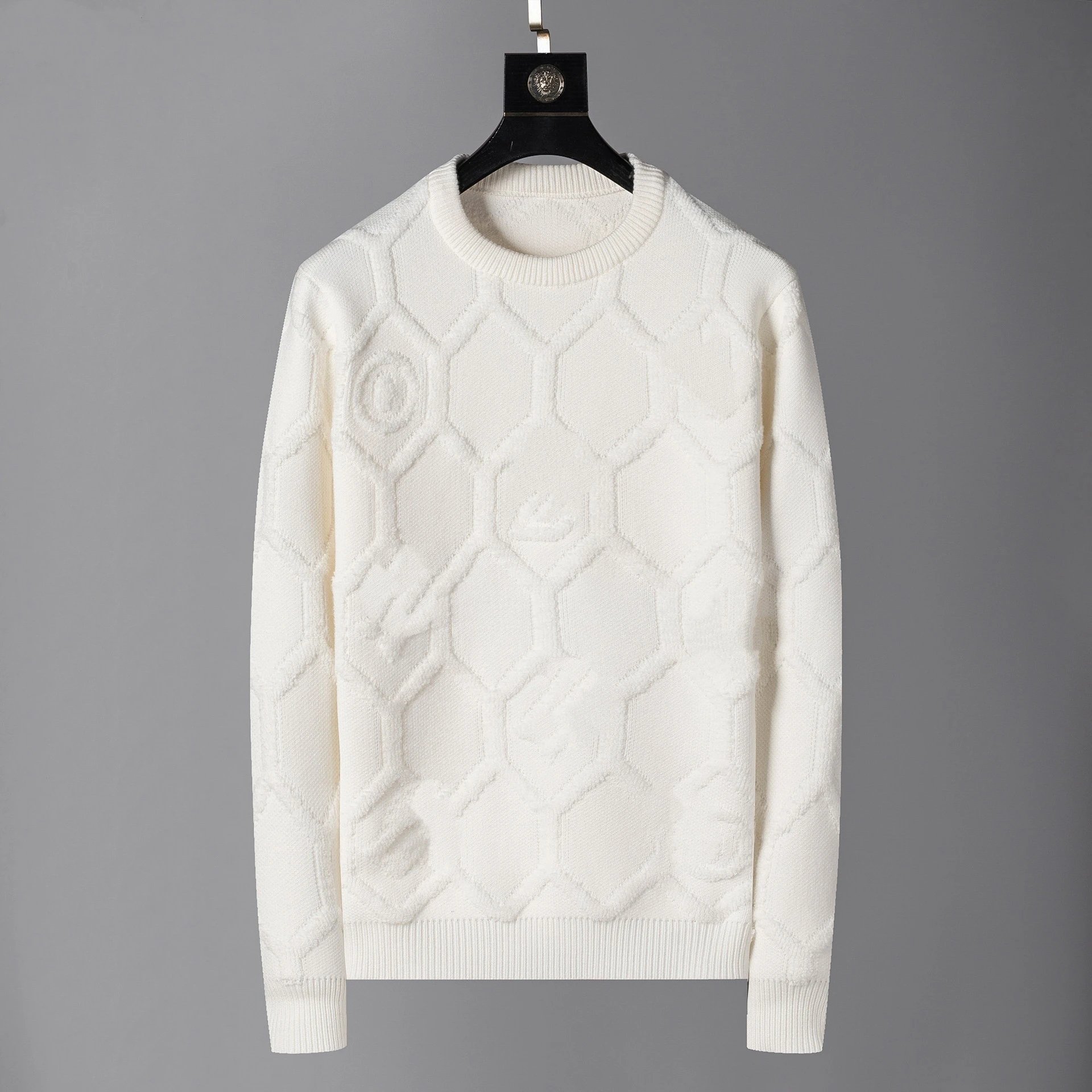 Design Hexagonal Knit Crewneck Sweater White