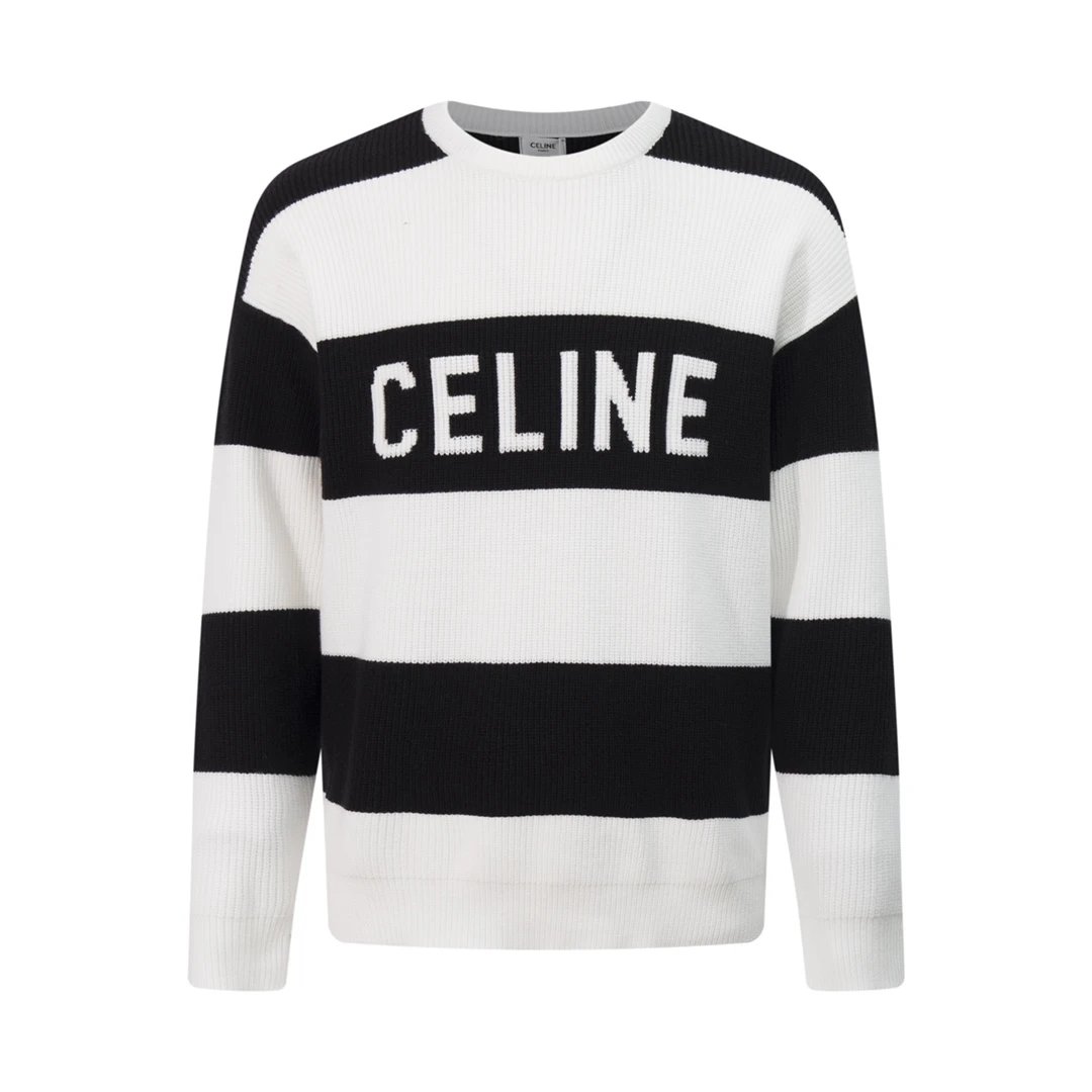 Celine Logo Stripe Knit Sweater Black and White