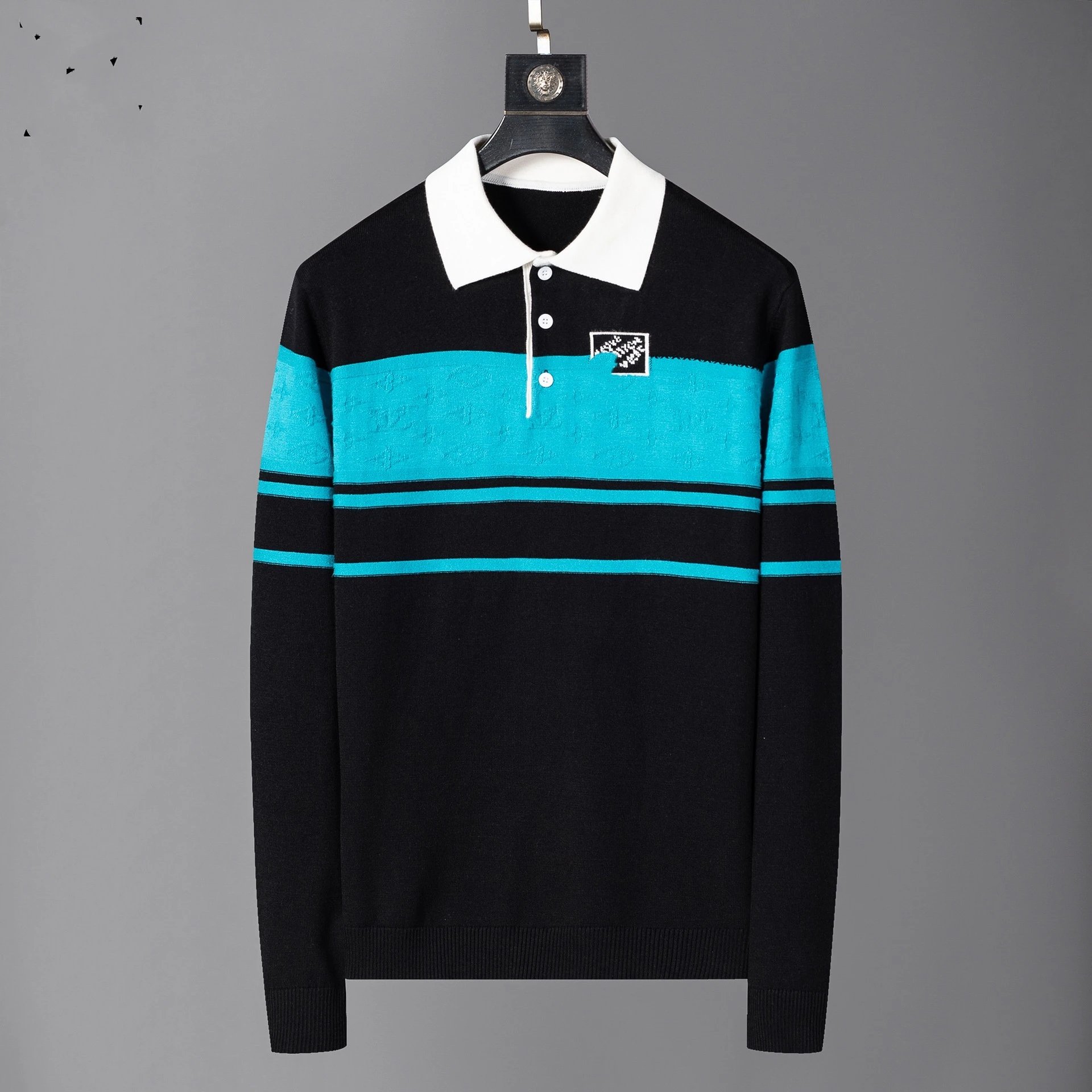 Off-White Striped Knit Polo Black Turquoise Sweater