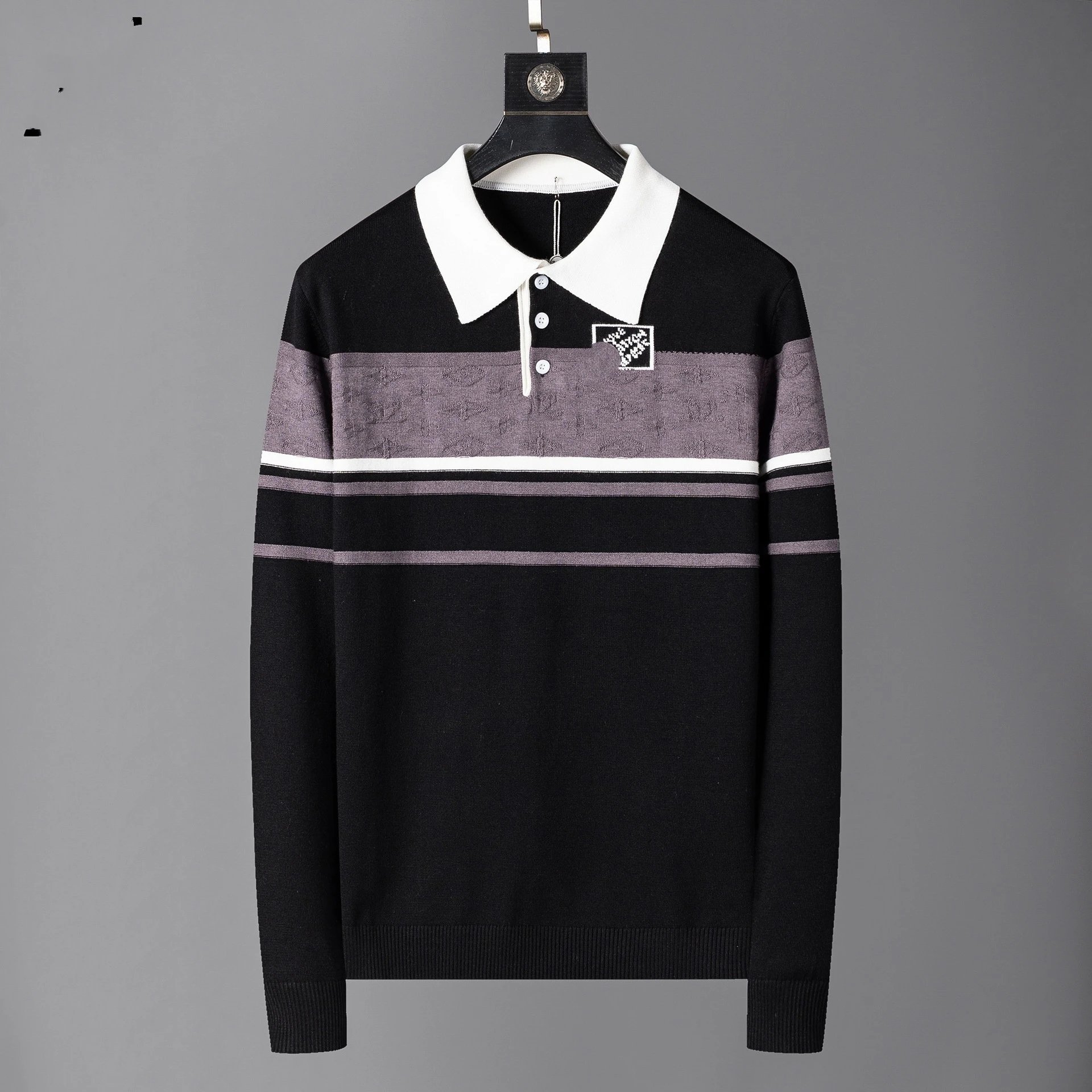 Design Polo Collar Knit Sweater Black Gray Stripe