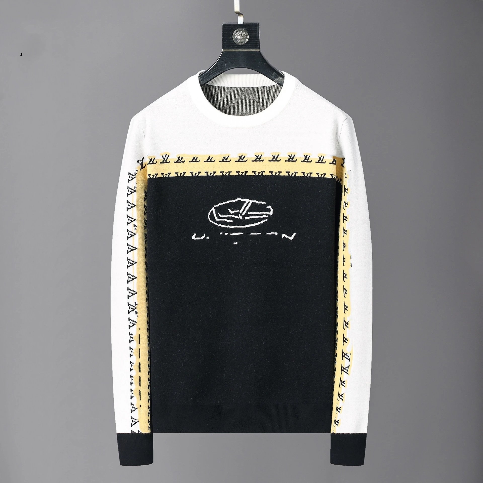 Design Knit Sweater with Graphic Logo and Tribal Stripe Pattern White / Black / Yellow