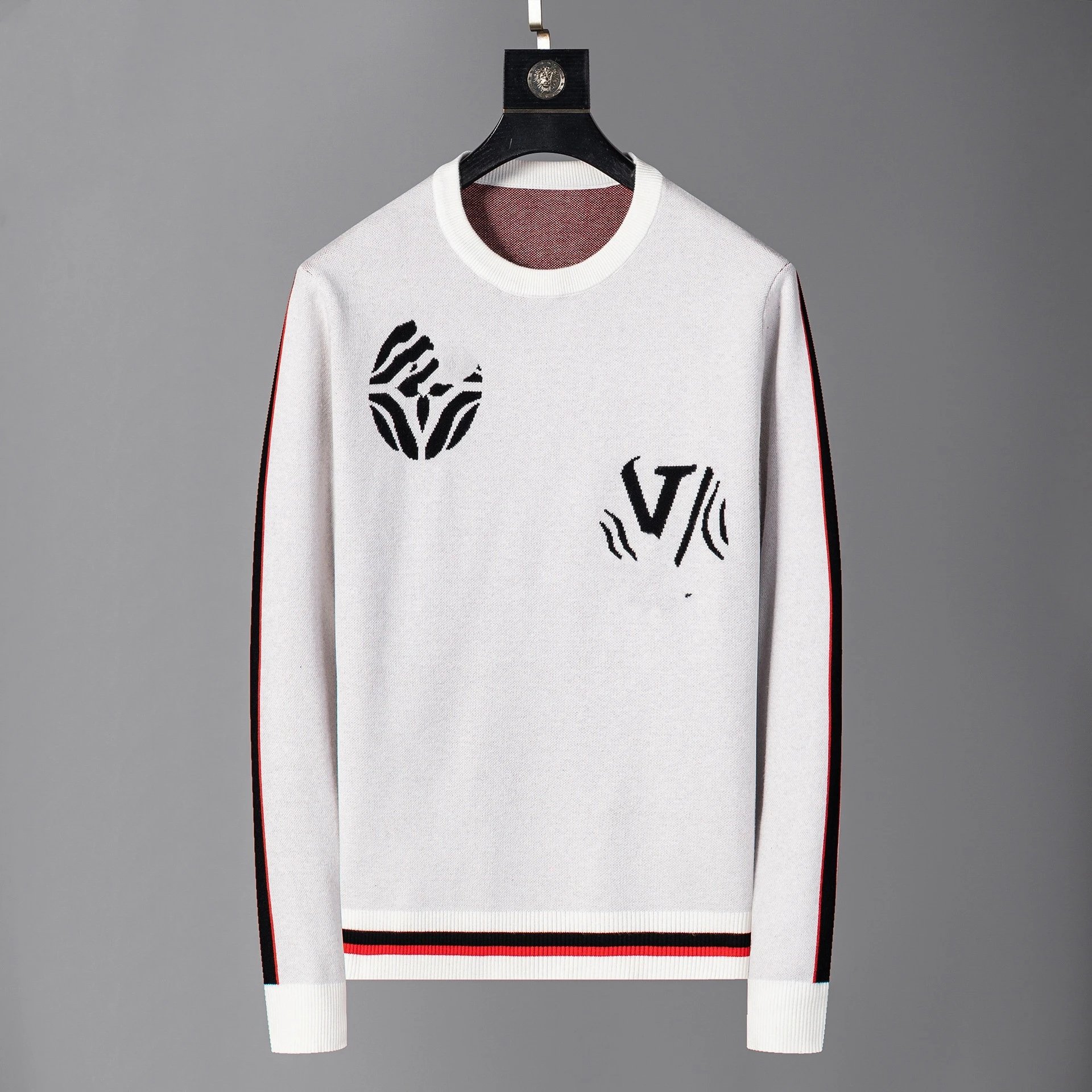Valentino VLogo Knit Sweater White with Black and Red Stripes