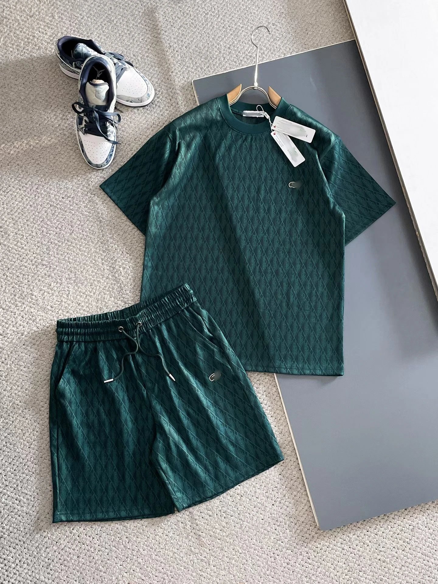 Lacoste Monogram Print Gray T-Shirt and Shorts Set - 11