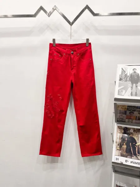 Chrome Hearts Red Embroidered Cross Jeans - 1
