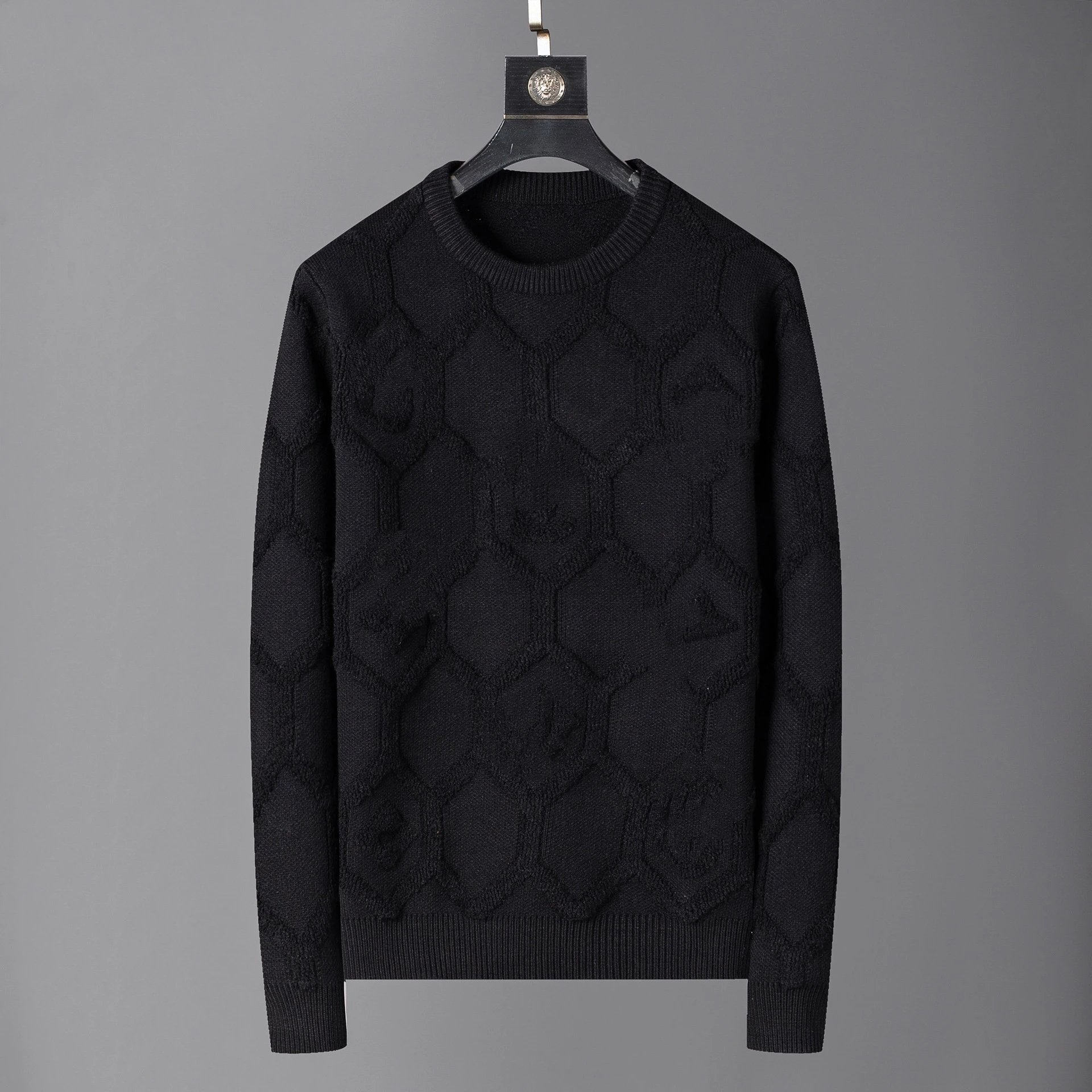 Design Hexagonal Knit Black Crewneck Sweater