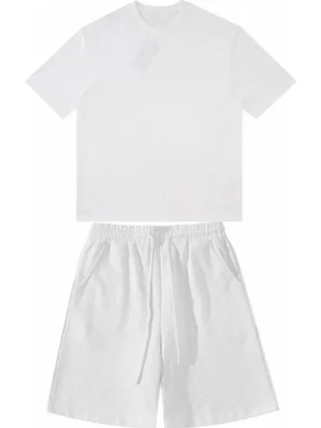 Design White V-Neck T-Shirt and Elastic Waist Shorts Set - 1