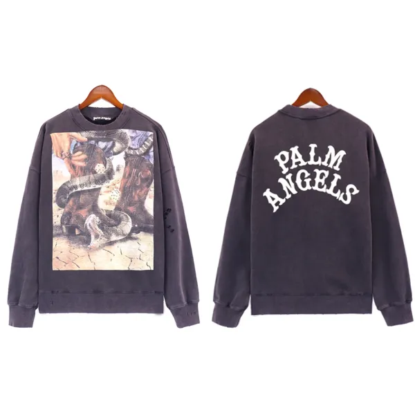 Palm Angels Snake Print Distressed Sweatshirt Charcoal Gray Hoodie - 1