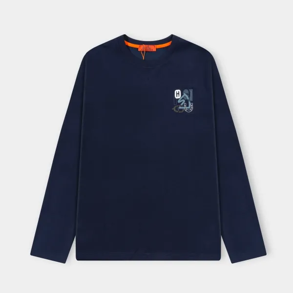 Hermès Logo Patch Long-Sleeve T-Shirt Navy - 1