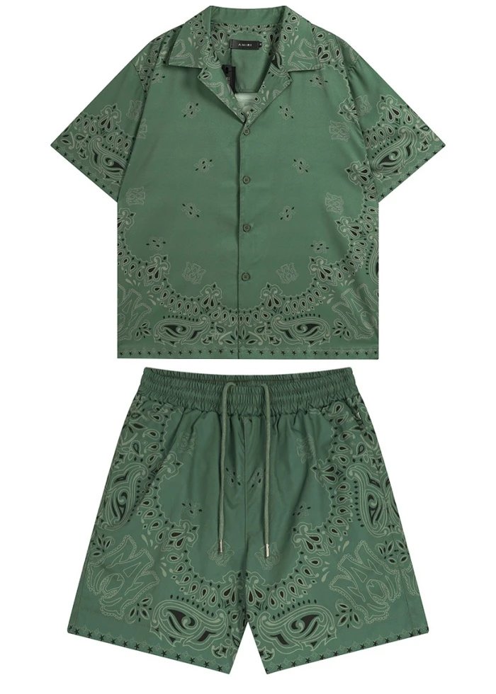 Amiri Bandana Print Short-Sleeve Shirt and Shorts Set Olive Green