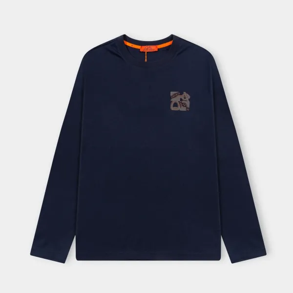 Hermès Logo-Embroidered Navy Long-Sleeve T-Shirt - 1