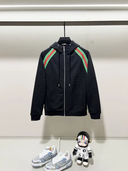 Gucci GG Monogram Track Jacket Navy Blue with Red Stripe Outerwear - 12