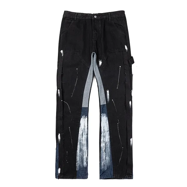 Design Distressed Paint-Splatter Patchwork Jeans Black - 1