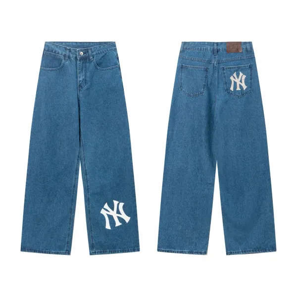 New York Yankees Logo Patch Wide-Leg Jeans Blue - 1
