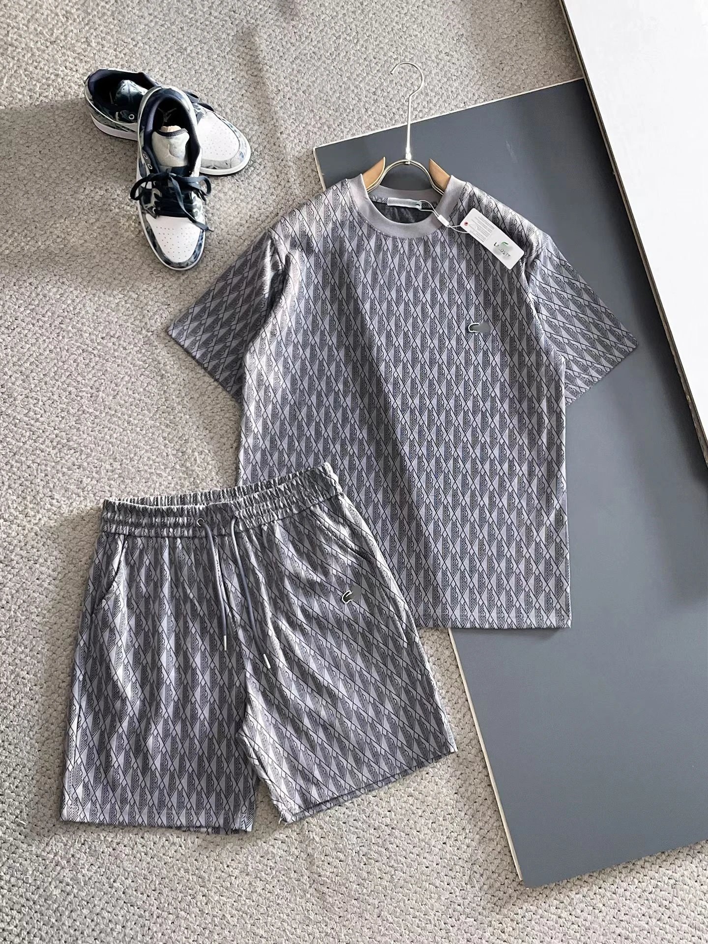 Lacoste Monogram Print Gray T-Shirt and Shorts Set - 12