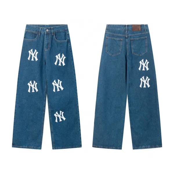 New York Yankees Logo Print Wide-Leg Jeans Blue - 1