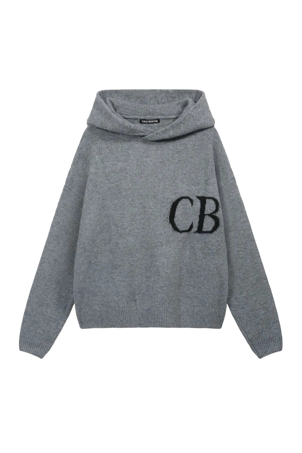 Cole Buxton Grey Knitted Hoodie with CB Lettering - rep Cole Buxton