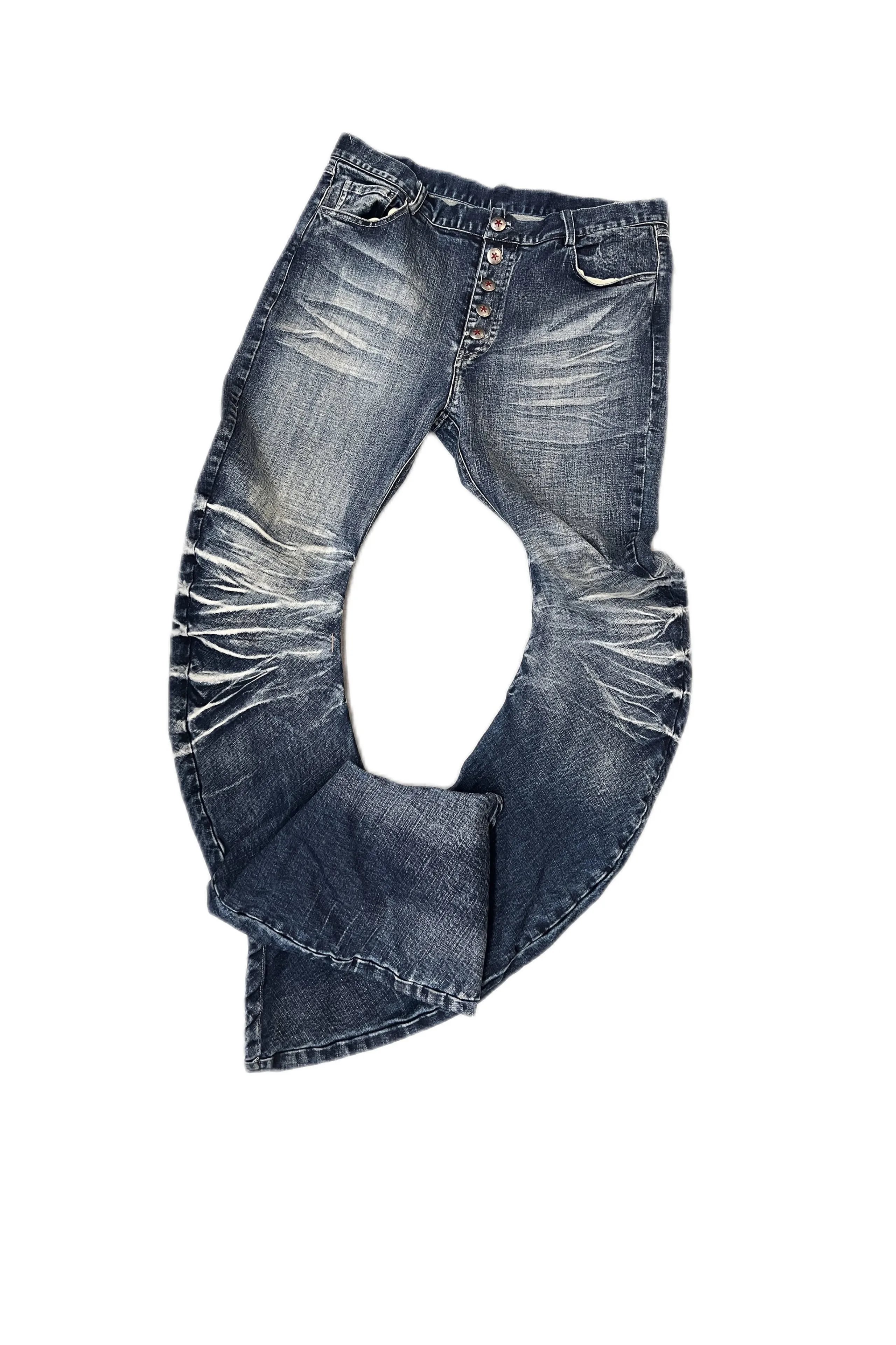 No E mosen(noE) ice blue crack washed three-dimensional cat whisker machete version of high elastic fog blue jeans-no E mosen