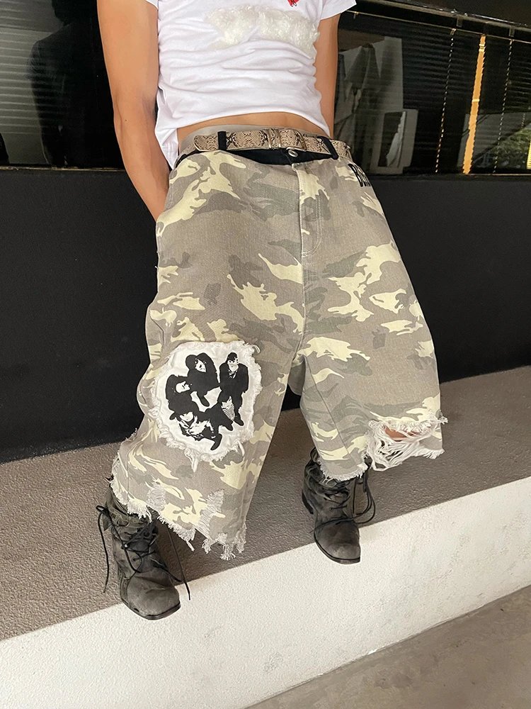 IHF Frank Camouflage Sticker Embroidered Character Printed Cropped Pants Men's and Women's Straight Casual Abi BF Loose-INFiniTE HF