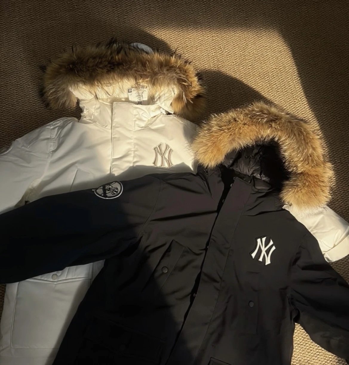 MLB New York Yankees Navy Beige Black Gray White Puffer Jacket With Fur Hood