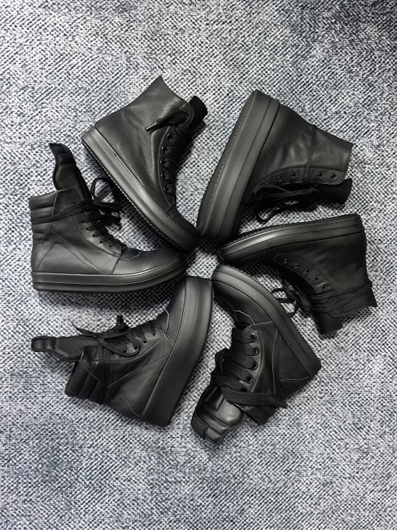 ROG RO New High-Top Thick Lace Platform Inverted Triangle Leather Upper Unisex Shoes Black Warrior