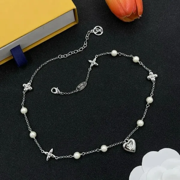 Louis Vuitton Monogram Pearl Chain Necklace Silver Jewelry - 1