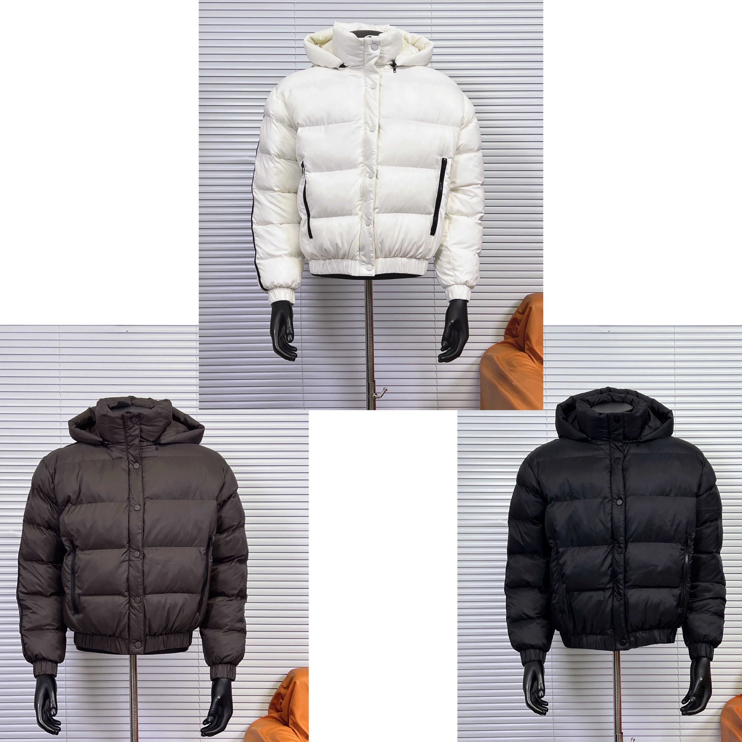 Hooded Puffer Jacket in White, Black, and Brown