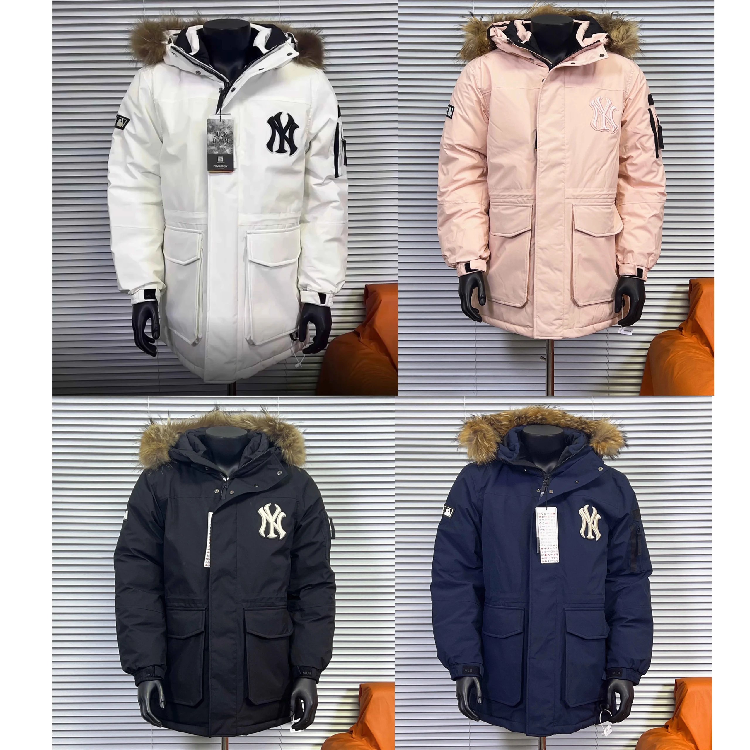 New York Yankees White/Pink/Black/Blue Fur Hooded Parka Jacket