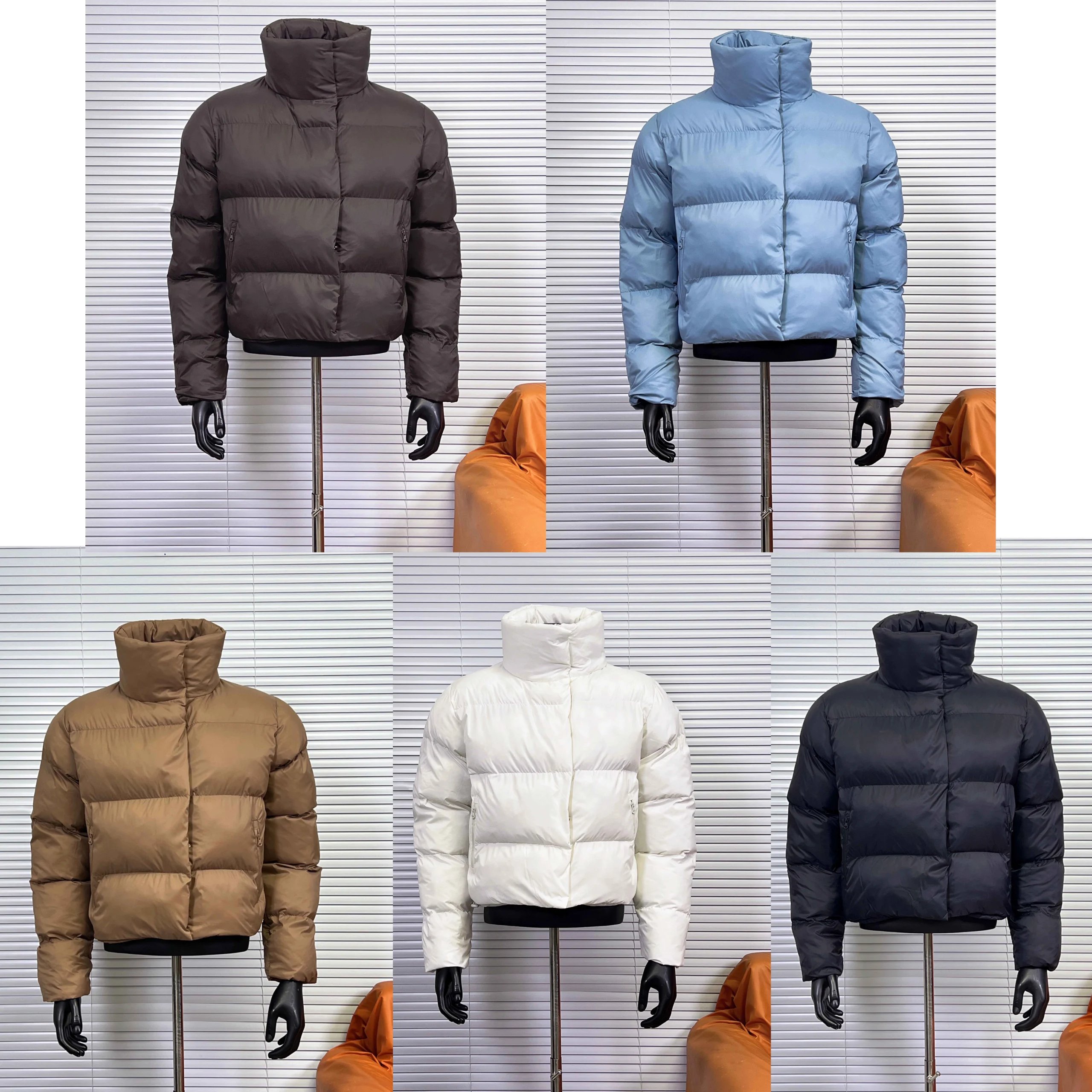 High Neck Puffer Jacket in Brown, Blue, Beige, White, and Black