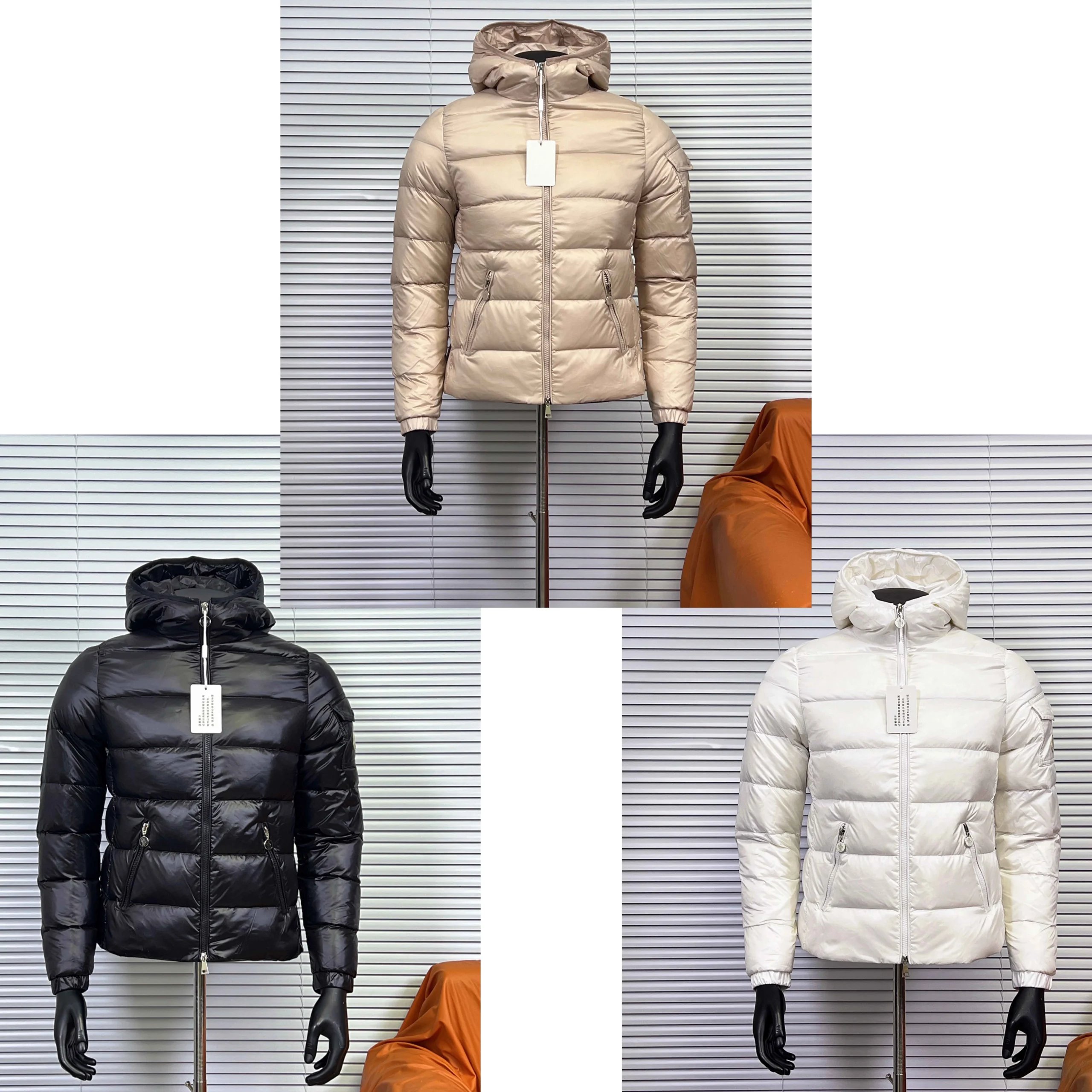 Men's Beige, Black, and White Puffer Jackets with Hood