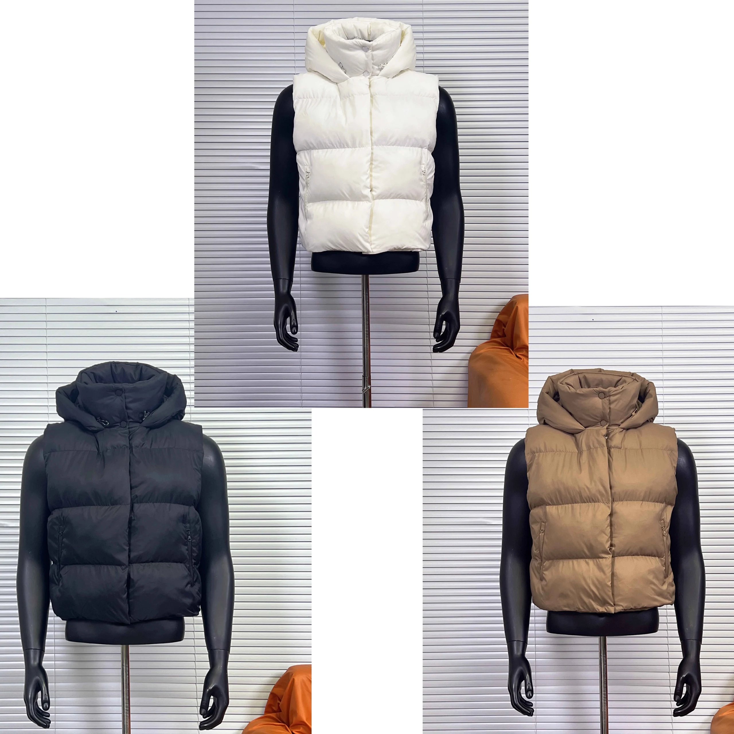 Hooded Puffer Vest in Black, White, and Beige
