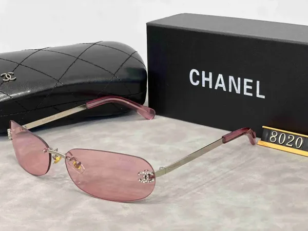Chanel Rimless Sunglasses with CC Logo Crystal Detail Pink Lens Eyewear - 1