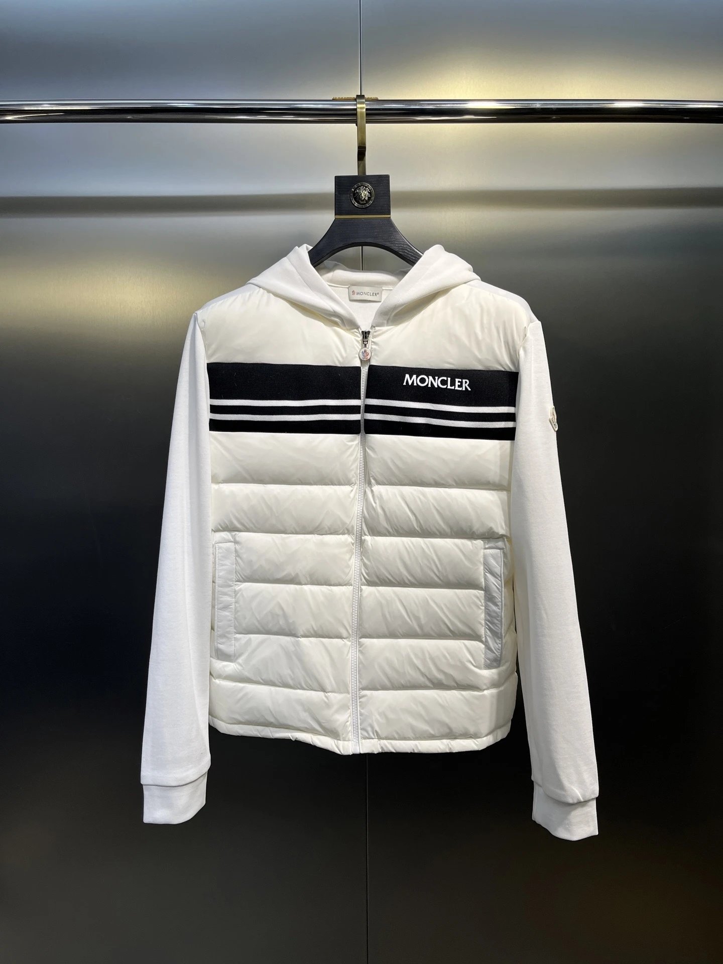 Moncler Hooded Down Vest White with Black Stripe Outerwear - 1