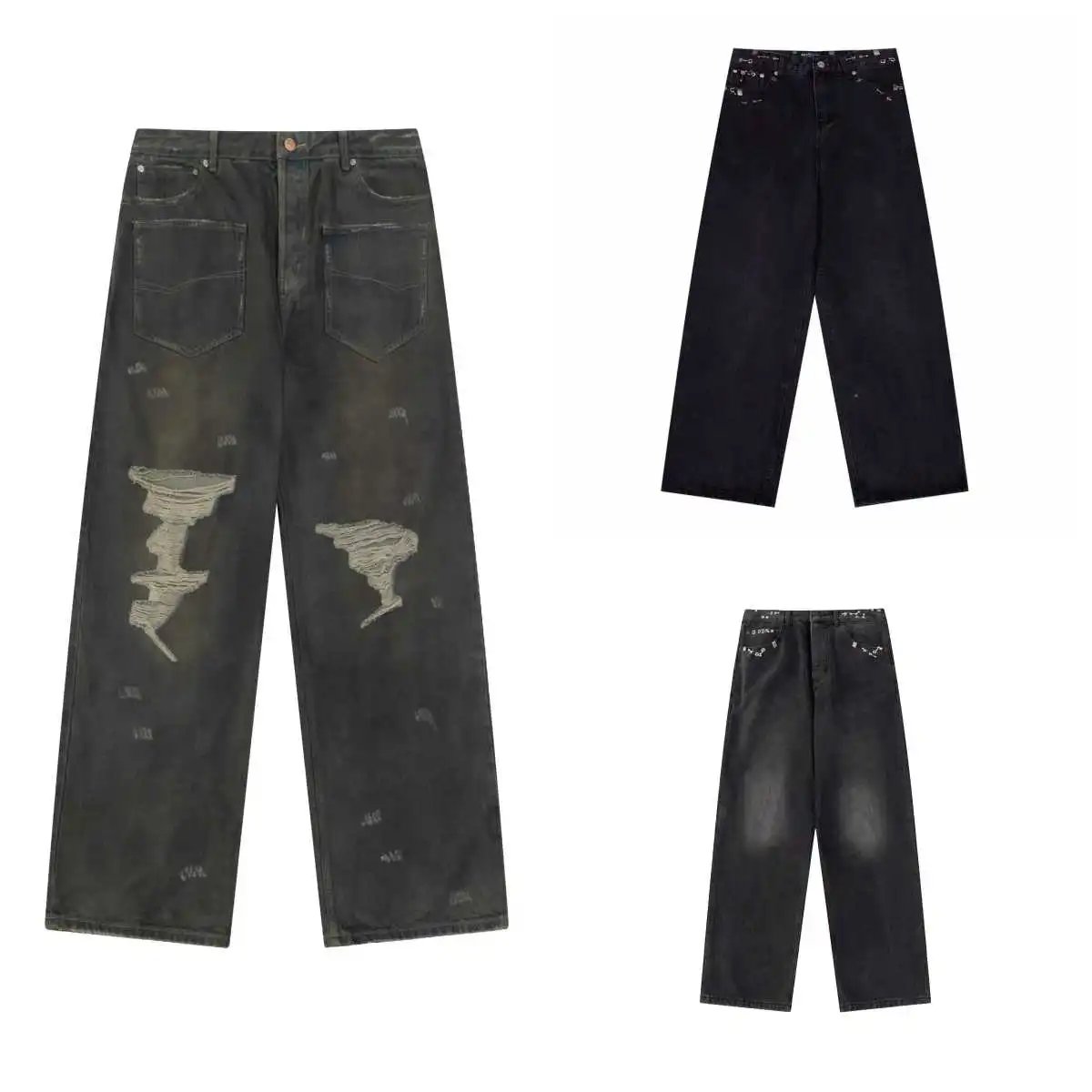 Distressed Wide-Leg Denim Jean