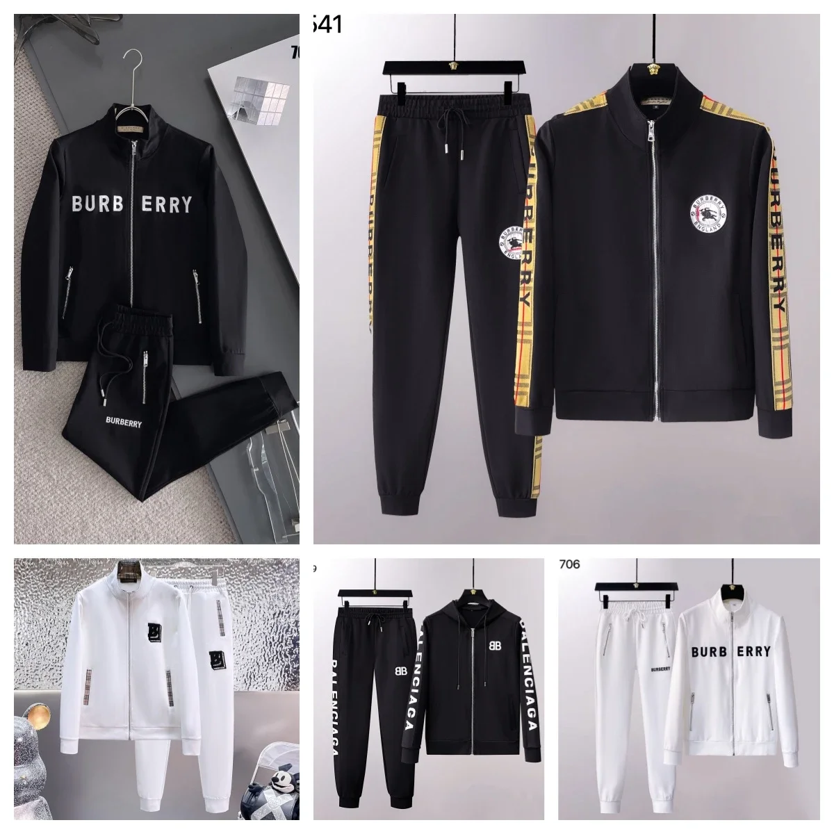 B1urberry Black Track Suit with Yellow Stripe and Balenciaga Black Zip-Up Set