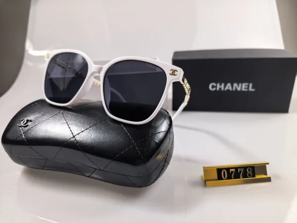 Chanel White Acetate Square Sunglasses with Gold CC Logo - 1