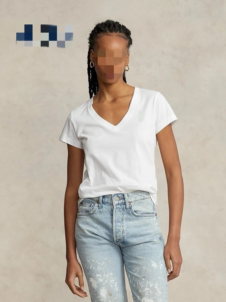 RL pure cotton V-neck T-shirt for women RL Pure cotton V Collar Solid Color T Women's T-shirt C - 134555