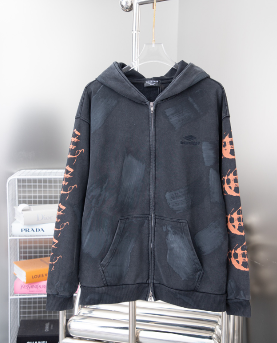 Blue Zip-Up Hoodie with Flame Print Gray Streetwear