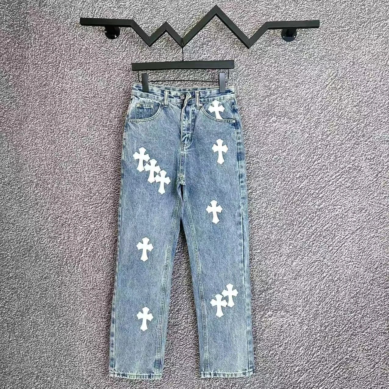 Denim Jeans Cross Embroidery Distressed Wide Leg Trousers