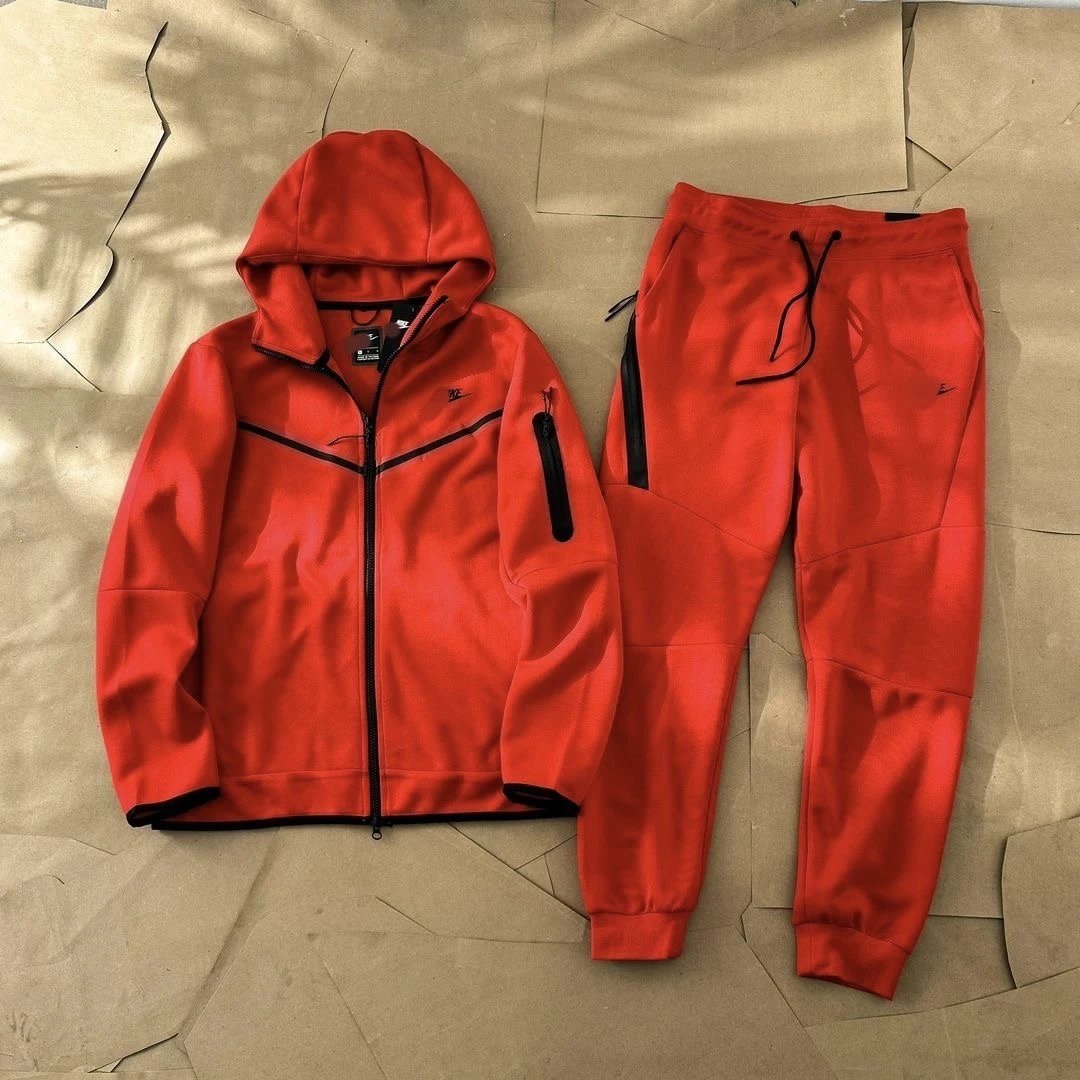 Tech Fleece Full Zip Hoodie And Jogger Set Gray Red Black Colorblock Sportswear