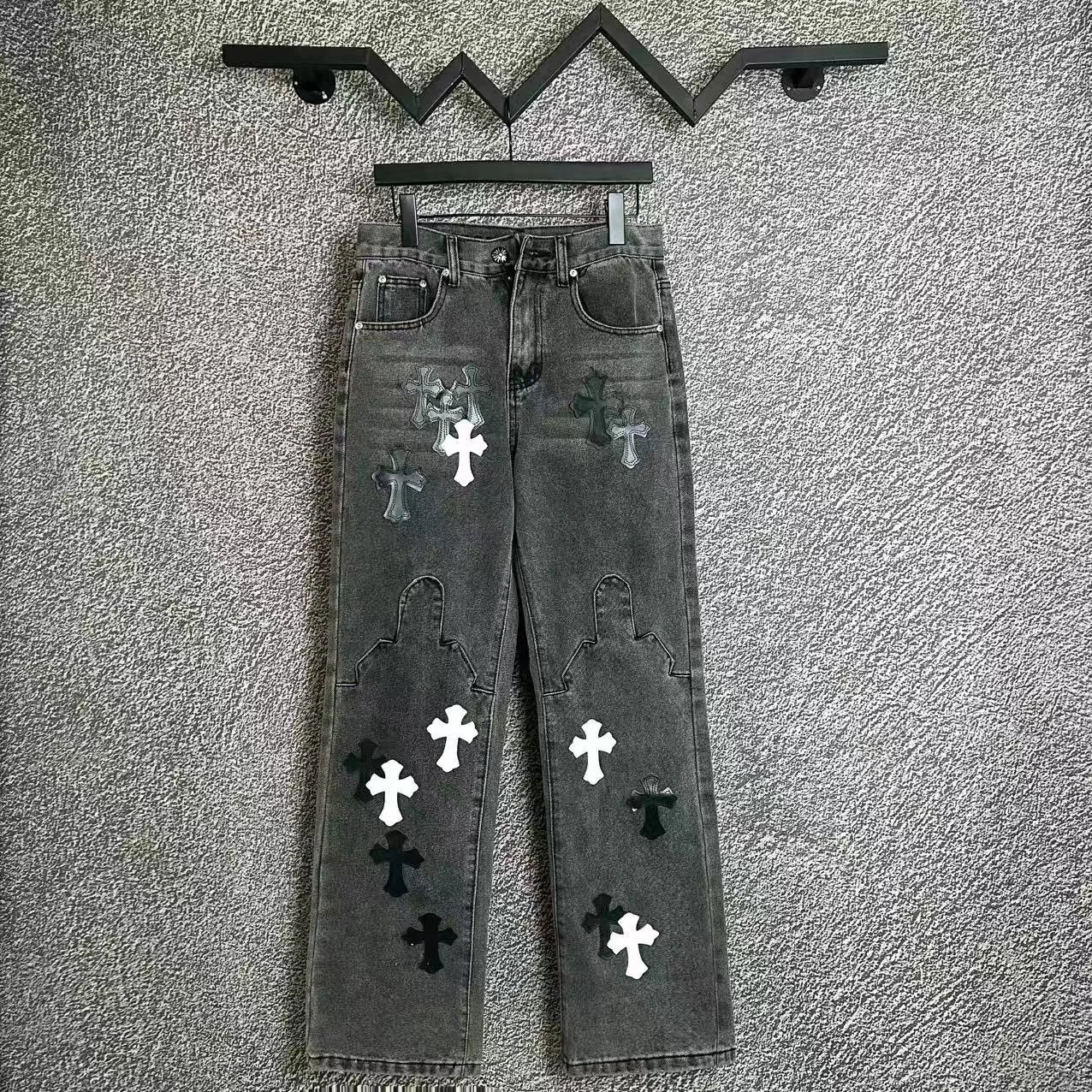 Denim Jeans Cross Embroidery Distressed Wide Leg Trousers